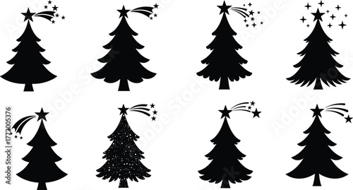 Christmas tree silhouette, holiday star decoration, festive pine vector, winter celebration artwork, New Year tree design, seasonal ornament illustration, festive nature art