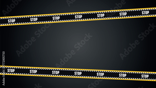 Black background with yellow and black warning tape with the word STOP. Caution danger border design for safety, police line, attention sign, restricted area, or construction zone concept