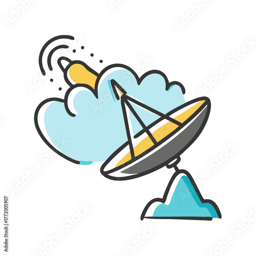 Weather radar dish illustration with clouds and signal