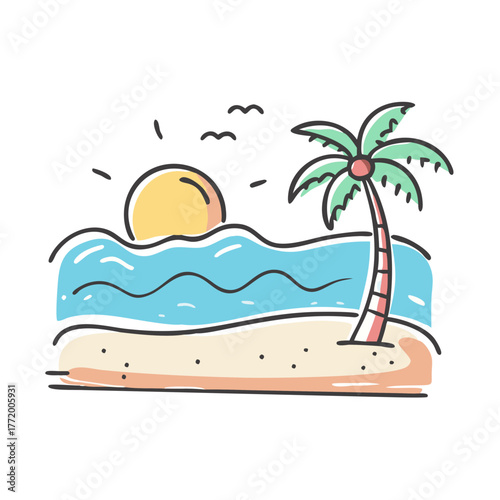 Vector illustration of a tropical beach scene with palm tree and sun