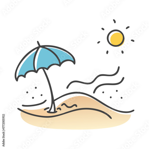 Summer beach scene illustration with umbrella sun and waves vector art