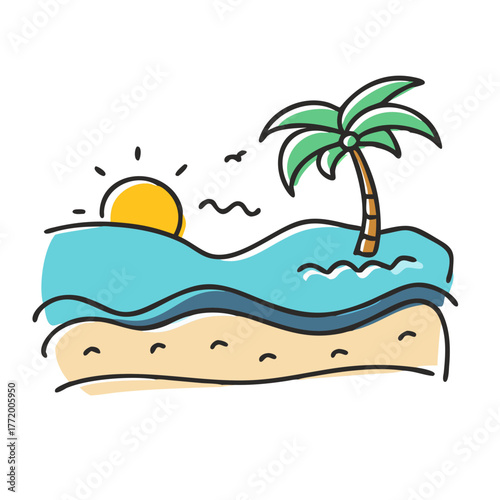 Vector illustration of a tropical beach scene with palm tree and sun