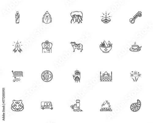 India themed icon set. Vector illustration pack featring Sari, Buddha, Diwali amp, Ganesha, Taj Mahal, Nmaste, and other cultural ymbols. Editable stroke.