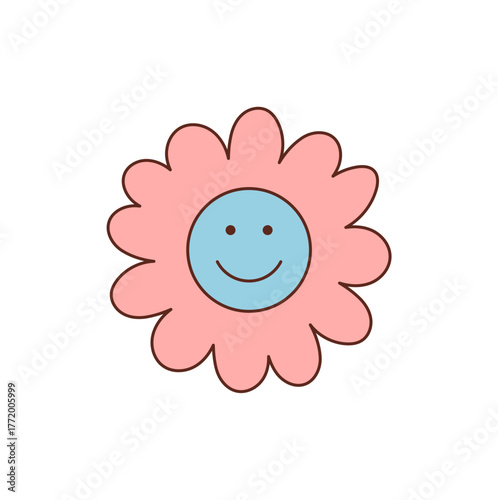 Groovy retro flower smiley sticker in colorful flat cartoon graphic style. Cute happy symbol appears as y2k groovy element with cheerful pop look and vintage inspiration, ideal for playful decor or