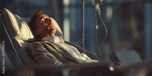 Luxury Airport Lounge with Traveler Receiving IV Therapy for Jet Lag Recovery