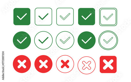 Checkmark and Cross Icon Set: Green Approval Ticks and Red Rejection X Marks in Circles and Squares for Web UI and Status Indicators.