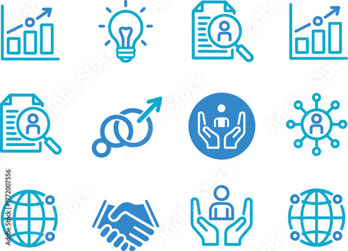Business growth and network icon set with color options