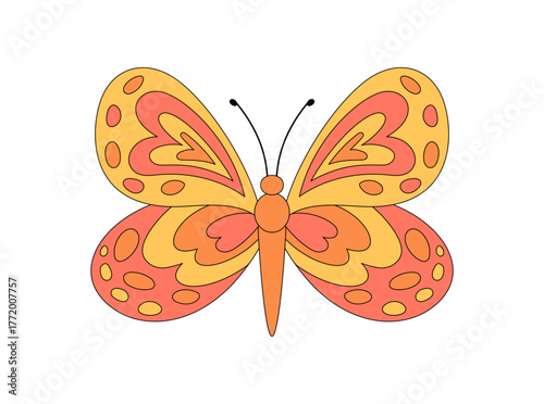 Groovy retro butterfly cartoon in cute and colorful style. Funky orange butterfly as a groovy element with happy y2k vibe. Trendy pop icon for playful or vintage creative project concepts.
