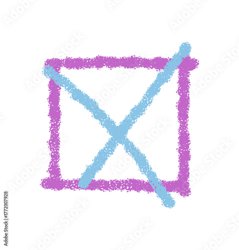 Chalk check box icon with a bold cross mark in vibrant color. Box symbol and checkbox element add a striking graphic accent. Rough hand drawn style perfect for bold mark or check box applications.