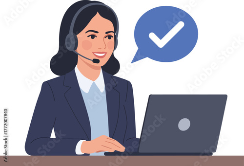 Customer service representative with laptop and checkmark icon