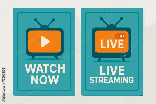 Modern Streaming Banners. Viewers. Two vertical A6 banners with safe margins, centered composition, no elements touching edges, modern, turquoise and orange,