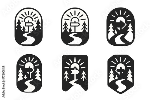 Luminous Woodland Paths. symbolic path leading through the woods, filled with light. Set Logo of symbolic path leading through the woods, filled with light: