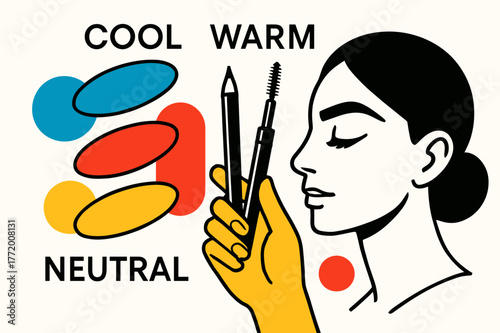 Eyebrow Pencil Swatches. Eyebrow pencil and gel ? Shade matching. Swatches hover like tidy leaves; a hand holds two pencils against the brow. ?COOL / WARM /