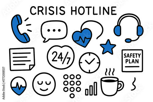 Crisis Hotline Doodles. // Crisis hotline. Hand-drawn doodle illustration Crisis hotline [phone handset (accented), headset (accented), lifeline