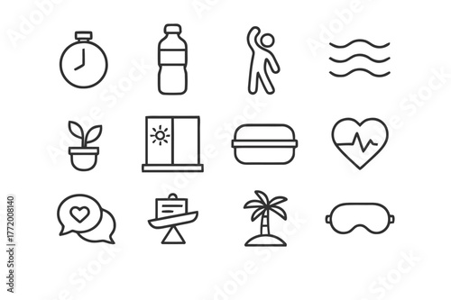 Burnout Prevention Icons. Burnout prevention. Line icon set of burnout prevention: break timer, water bottle, stretch figure, breathing waves, desk plant,