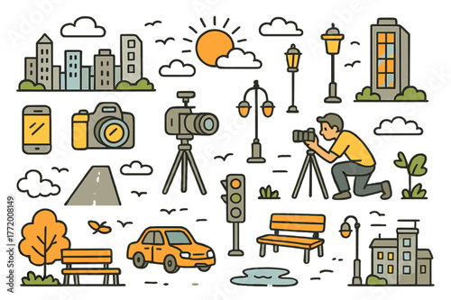 Sunset Cityscape Doodle. Street sunset photography. Hand-drawn doodle illustration city skyline (colored), setting sun (colored), skyscrapers (colored), street