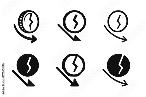 Falling Coin Logos. Financial loss. Set Logo of Financial loss: falling coin with crack. harmonious logo variations of the same emblematic concept, each with