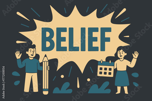Vibrant Belief Banner. Open belief banner, flat vector illustration, bold oversized text inside explosion frame, cartoon characters standing and waving beside