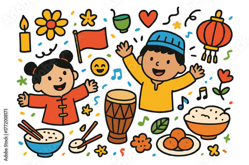 Festive Cultural Doodles. Cultural celebration. Colorful Hand-drawn doodle Children illustration Cultural celebration dishes, traditional clothes, music drum,