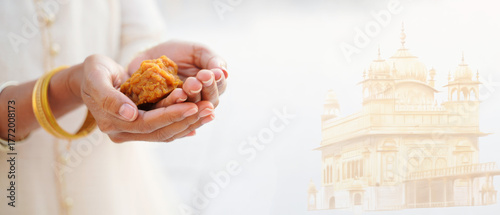 Karah prasad offering in hands with Golden Temple, Guru Nanak Jayanti wide banner, Sikh religious celebration, spiritual tradition, sacred food, symbolic gesture, festive background, copy space