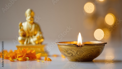 Statue of Guru Nanak Dev Ji with diya lamp and marigold flowers, Guru Nanak Jayanti celebration, Gurpurab festival, Sikh tradition, spiritual enlightenment, religious rituals, festive ambiance