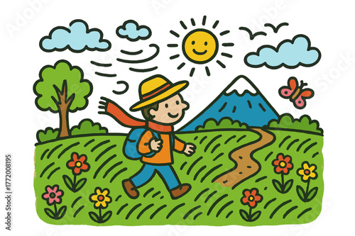 Windy Meadow Adventure. windy meadow. Colorful Hand-drawn doodle Children illustration windy meadow person, tall grass, wind, mountain, clouds, sun, birds,