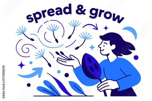 Seeds in Motion. Seeds ? Wind Scatter. Light gusts lift seeds from a pod; spiral lines mark flight paths. Text ?spread & grow? arcs through the breeze. Modern