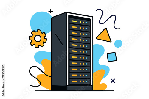 High-Tech Server Art. Server Rack. Tall server rack with glowing lights and floating abstract geometric shapes, modern and high-tech scene. Modern flat-line