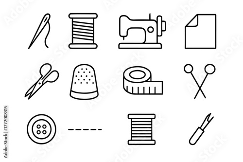 Sewing Icons Collection. Sewing essentials. Line icon set of sewing essentials: needle, thread, sewing machine, fabric fold, scissors, thimble, measuring tape,