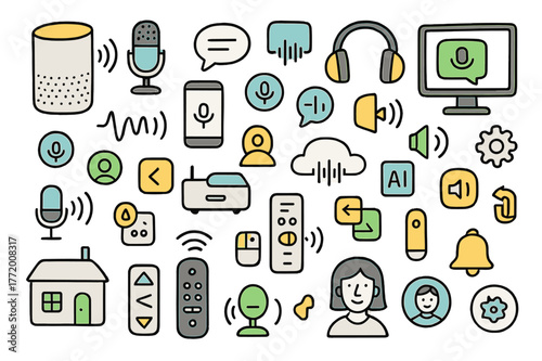 Voice-Controlled Devices. Voice-controlled tech. Hand-drawn doodle illustration smart speaker (colored), microphone (colored), headphones (colored), smartphone