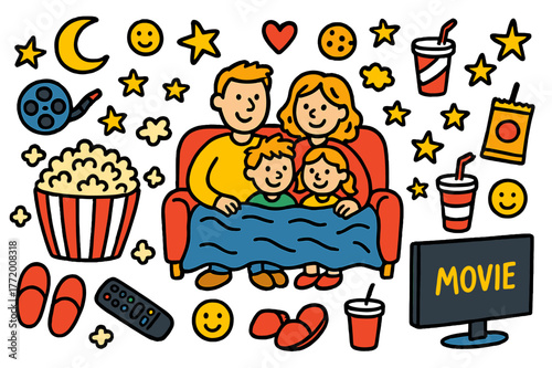 Family Movie Night. Family movie night. Colorful Hand-drawn doodle Children illustration Family movie night popcorn bowl, TV screen, couch, blanket, remote