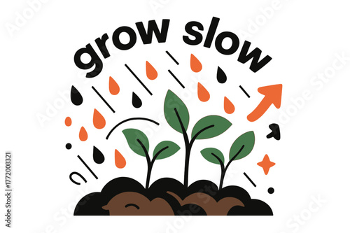 Dynamic Seedling Growth. Seeds ? Rain Nourish. Droplets fall across sprouting soil; arcs mark hydration lines. Caption ?grow slow? curves above seedlings.
