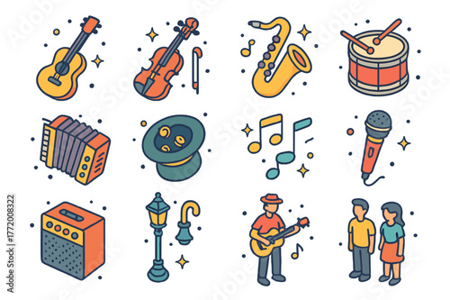 Music Busker Icons. Music busker. Colorful isometric vector icons set of music busker: guitar, violin, saxophone, drum, accordion, hat for tips, microphone,