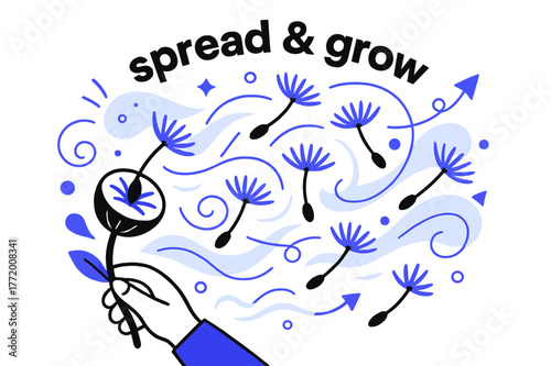Seeds in Motion. Seeds ? Wind Scatter. Light gusts lift seeds from a pod; spiral lines mark flight paths. Text ?spread & grow? arcs through the breeze. Modern