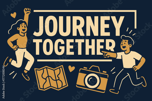 Adventure Awaits Banner. Journey together banner, flat vector illustration, bold oversized text inside rectangular frame, cartoon characters pointing and