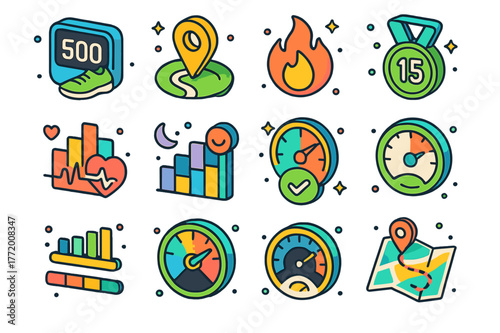 Activity Tracking Icons. Activity tracking metrics. Colorful isometric vector icons set of Activity tracking metrics: steps counter, distance tracker, calories