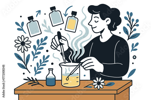Artisanal Perfume Crafting. Fragrance development in artisanal perfume shops. Perfume bottles floating above a wooden counter, with fragrant flowers and herbs