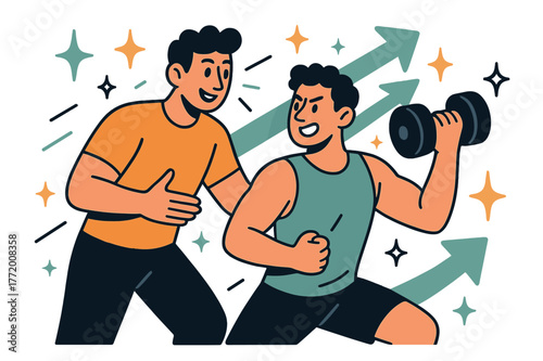 Energetic Workout Motivation. Workout motivation. Personal trainer encouraging client lifting dumbbells with abstract floating arrows, sparkles, and stars;