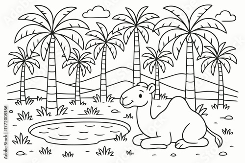 Palm Oasis Coloring Page. Palm oasis in the desert children?s coloring book illustration, outlined drawing, palm trees surrounding a small pond with a camel
