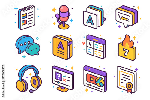Online Language Learning Icons. Language learning online. Colorful isometric vector icons set of language learning online: vocabulary list, pronunciation mic,