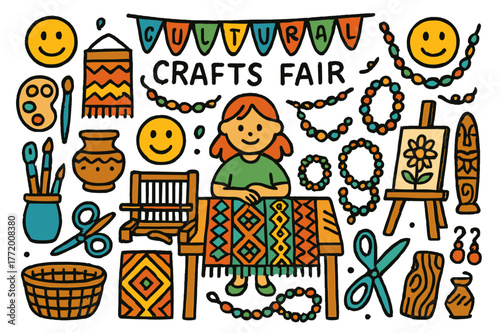 Cultural Crafts Fair. Cultural crafts fair. Colorful Hand-drawn doodle Children illustration Cultural crafts fair handmade pottery, weaving loom, beads, fabric