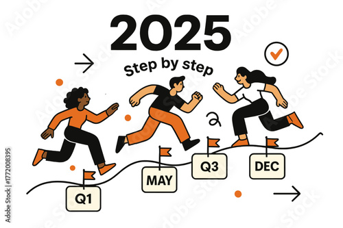 Vision Journey. Vision Board ? Year Overview. Big ?? headline anchors a clean timeline; milestone cards pin along with tiny flags. Caption ?Step by step?