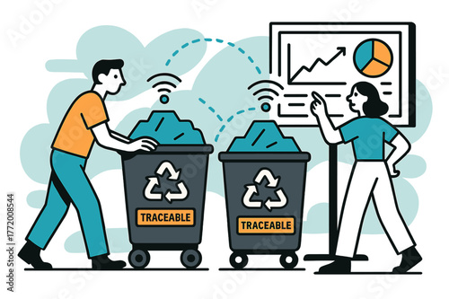 Smart Recycling System. Recycling system in factory ? RFID tracking bins. Smart tags ping from rolling totes; dotted waves connect to a dashboard. Sticker says