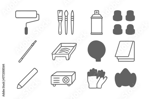 Mural Artist's Toolkit Icons. Mural Artist Toolkit. Line icon set of Mural Artist Toolkit: wide roller, brush set, spray can, cap nozzles set, extension pole,
