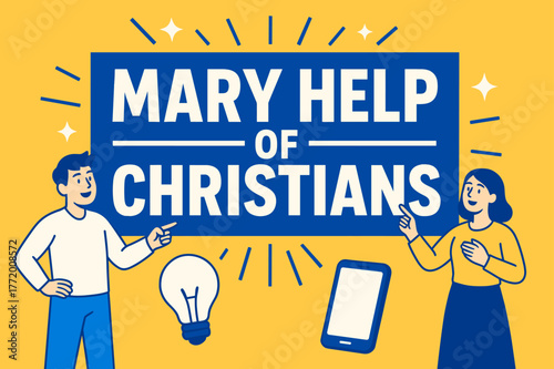 Mary Help Banner. Mary Help First banner, flat vector illustration, bold oversized text inside rectangular frame banner, cartoon characters standing and