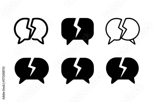 Broken Communication Logos. broken communication lines. Set Logo of broken communication lines: Split speech bubbles with crack. Icon set. harmonious logo