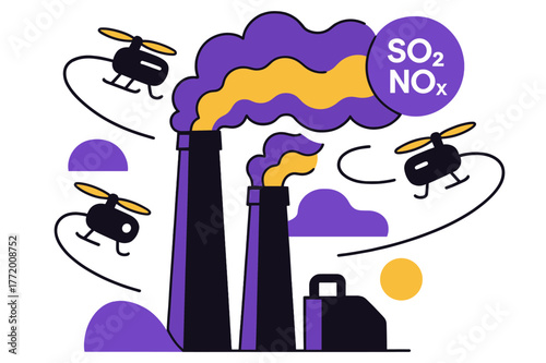 Industrial Pollution Art. Air pollution ? Industrial stack plume. Tall chimneys exhale layered bands; monitoring drones trace curves through the air. A badge