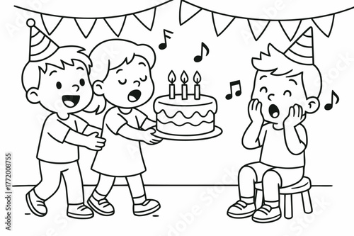 Birthday Cake Coloring. Birthday cake surprise children?s coloring book illustration, outlined drawing, friends bringing a cake while singing to the birthday