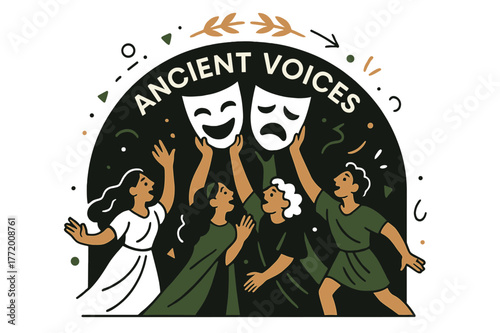 Masks and Myth. Amphitheater ? Masks & Myth. A chorus lifts comedy and tragedy masks; a laurel wreath icon arcs above. Caption ?Ancient Voices? glows along the