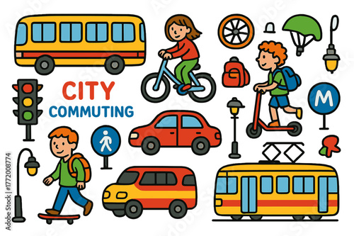 City Commuting Doodle. city commuting. Colorful Hand-drawn doodle Children illustration city commuting bus, bicycle, scooter, pedestrian, car, traffic light,